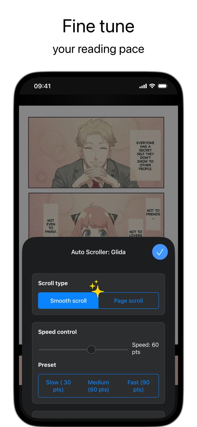 The Glida panel in Safari with scroll type, speed slider and presets